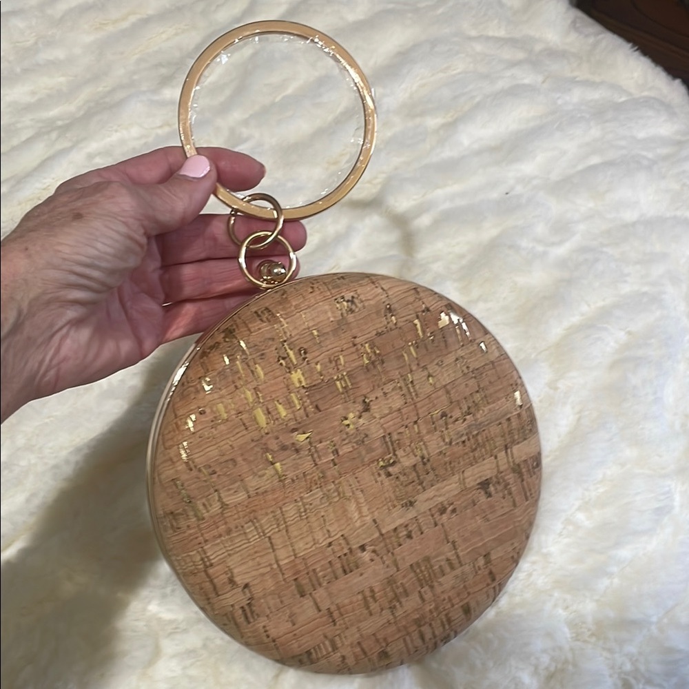 Round Tan and Gold Clutch with Handle - Picture 2 of 4